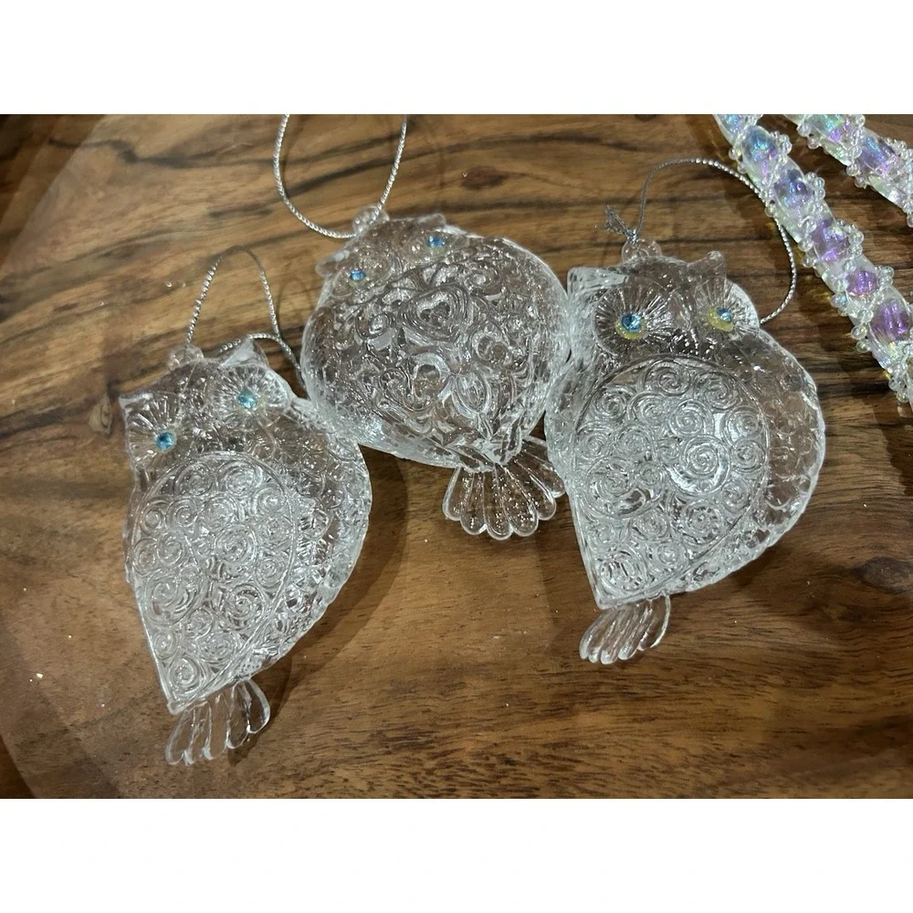 Owl Christmas Tree Ornaments Set Clear Turquoise Sparkle Whimsical Woodland Deco